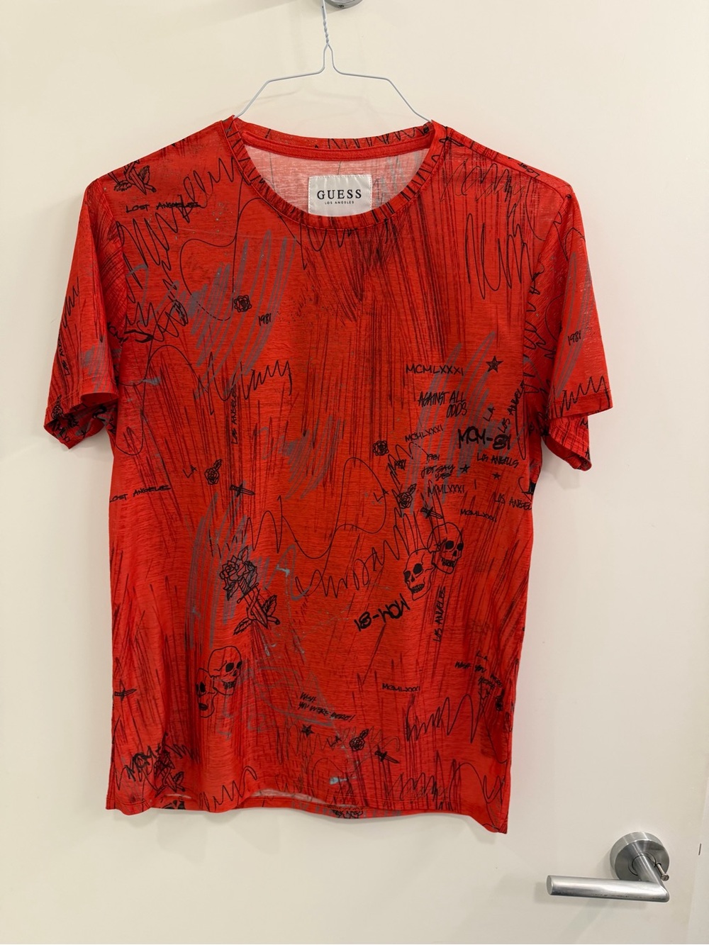 GUESS Red Short Sleeve Graphic Tee with Black & Gray Sketch Print
